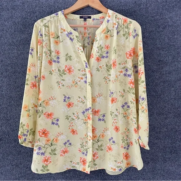NYDJ Womens Floral Pintuck Blouse Size Large Yellow 3/4 Sleeve V Neck Pullover - Picture 2 of 9